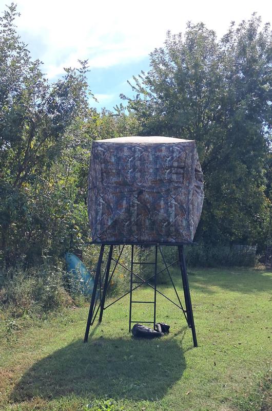 Elevated observation point from inside a see thru hunting blind on top of the Muddy 2-Person Blind Platform.