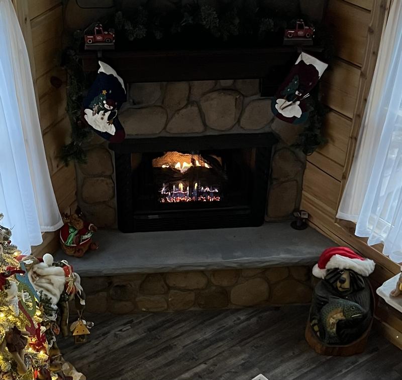 Propane Insert in floor to ceiling Stone Fireplace designed by my wife