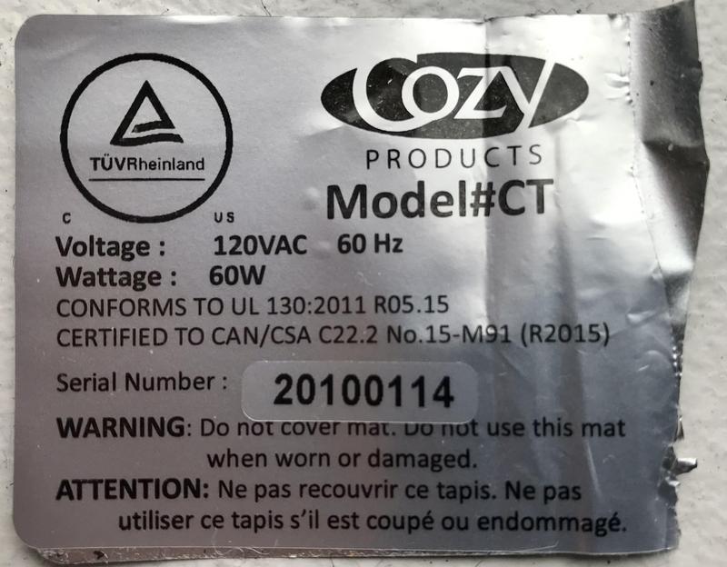 Cozy Products Heated Mat, Model CT