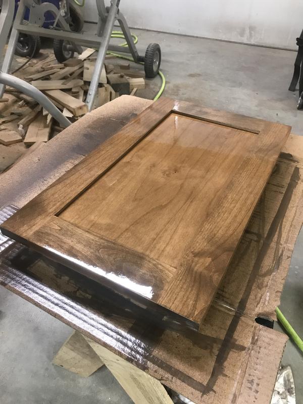 Alder shaker style door sprayed with IR HVLP gun.