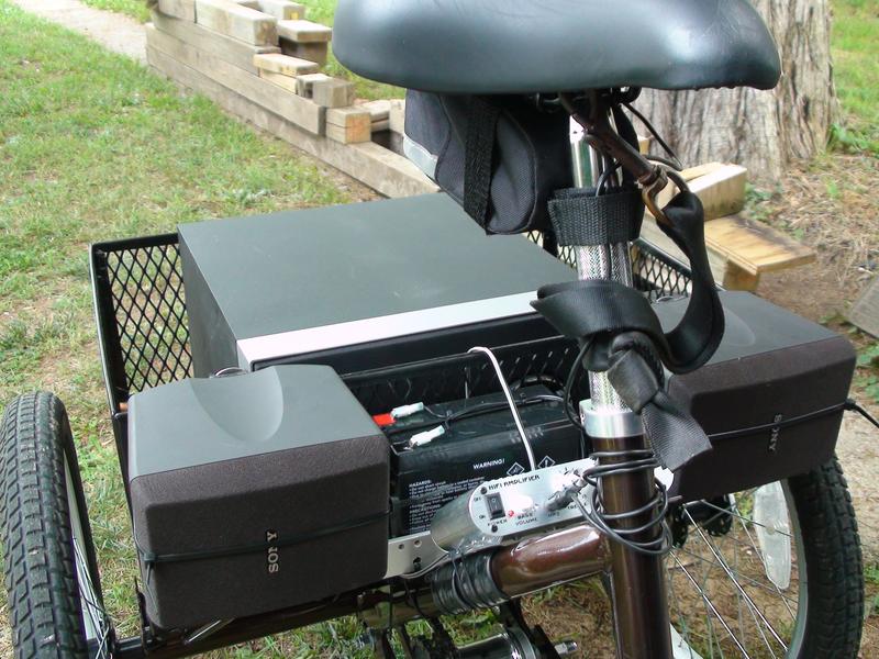 Here's the battery installed on an adult pedal tricycle, so that there is rockin' stereo!