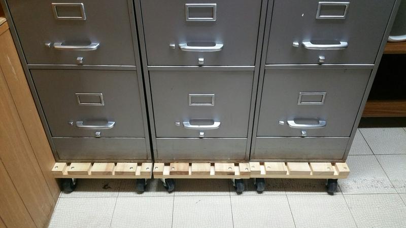 JobSmart 18 inch wide dollies after being trimmed down to 15 inches for file cabinets.