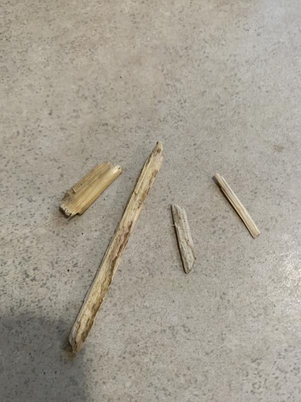 Wood 3 pieces on left, 1 straw , (right)