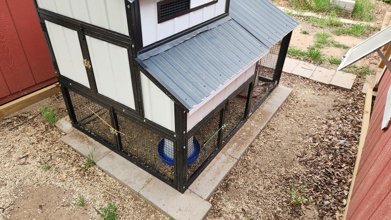 The cement pave stone base.  Critters can't dig.   Also note the bungy door keepers and hanging waterer.  Finally notice one cannot see the latch for the nesting box roof.