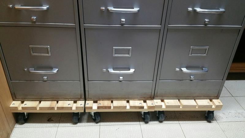 JobSmart 18 inch wide dollies after being trimmed down to 15 inches for file cabinets.