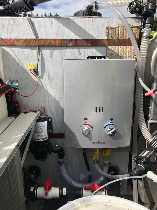 Using the pump for delivery of purified water for window cleaning. Used in conjunction with a 5 liter camp water heater.