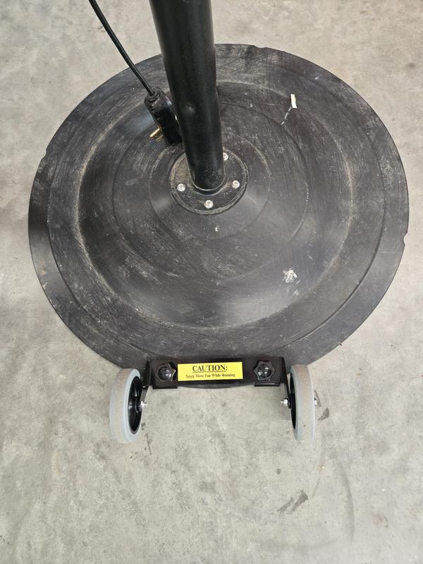 10" wide bracket and 4" wheels on $50.00 from Tractor Supply in 2026. Not very stable when moving fan.