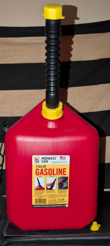 Midwest 5 Gallon Gas Can Side Profile (shown with aftermarket EZ-Flow Spout) and Airflow Valve cover that requires self-installation