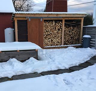 Rain barrel, raised bed garden, tool/wood crib shed