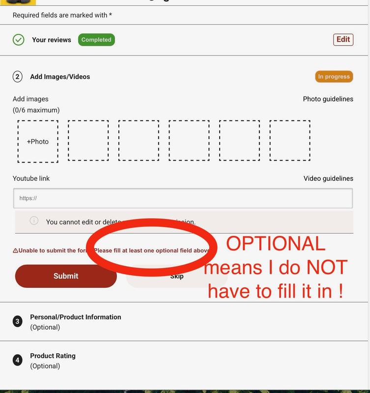 Forced to fill in an OPTIONAL field in order to submit review.