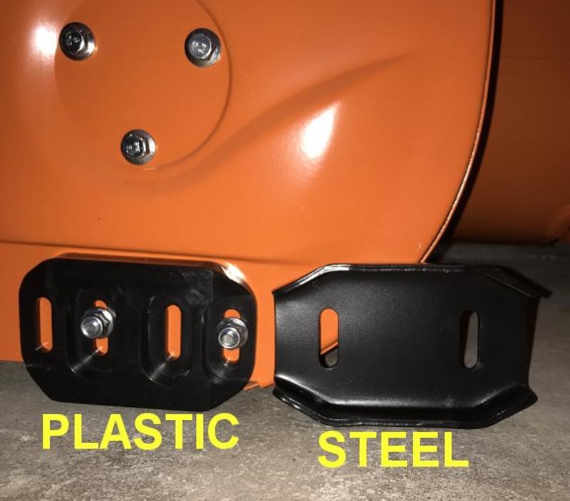 Plastic skids are less likely to scratch concrete.