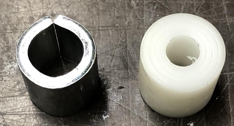 Left:Tuf-Tug Hoist Bearing/Spacer for pulleys.  Right: Delrin plastic replacement correct sizes.