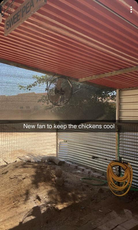 Mounted to the steel beam on the run support to push cool air into the coop.