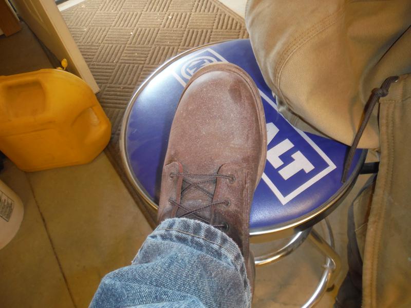 Brand new overs payed Redwings. Takes a long time to get it off. Wear old shoes.