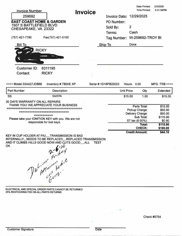 Transmission replacements.. Last one installed in June 2026 has failed within 2 weeks.