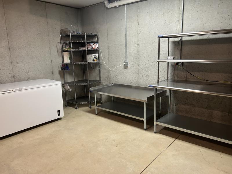 Equipment table, 60" table, and overhead shelves