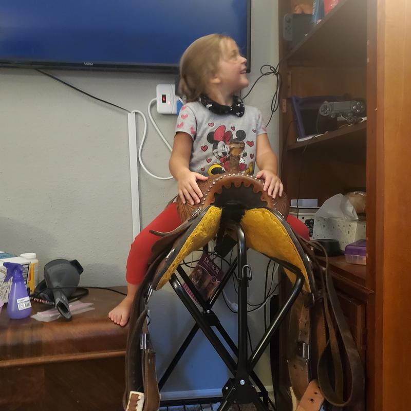 Currently holding my saddle at home, sturdy enough my 4 year old sits on it all the time, and even my teen has sat on it.