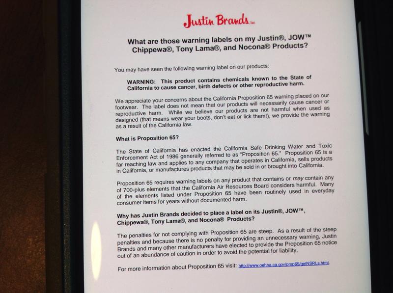 This is what I found on Justin's website concerning the warning label.