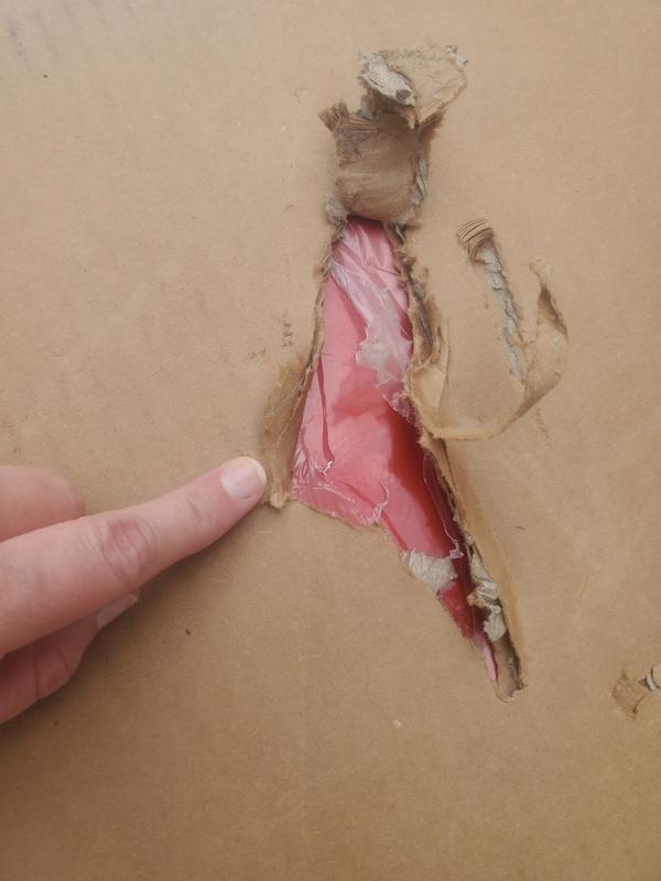 How the box came.  More damage not shown.