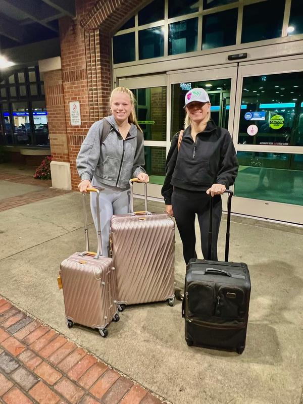 Maddie rolling to Cali with her new Tumi luggage ❤️