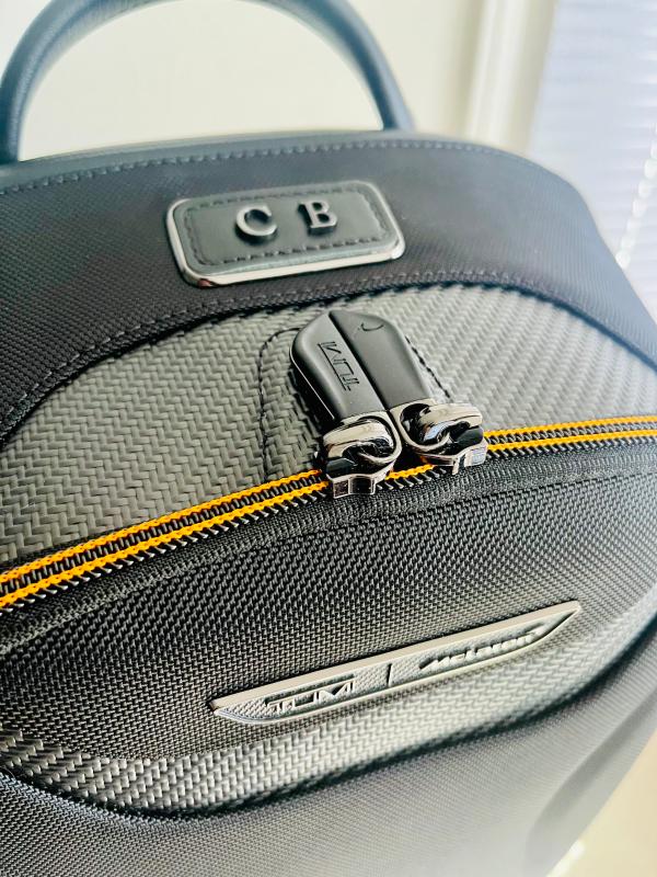 Up close view of the materials used and what the premium monogram looks like in gunmetal.