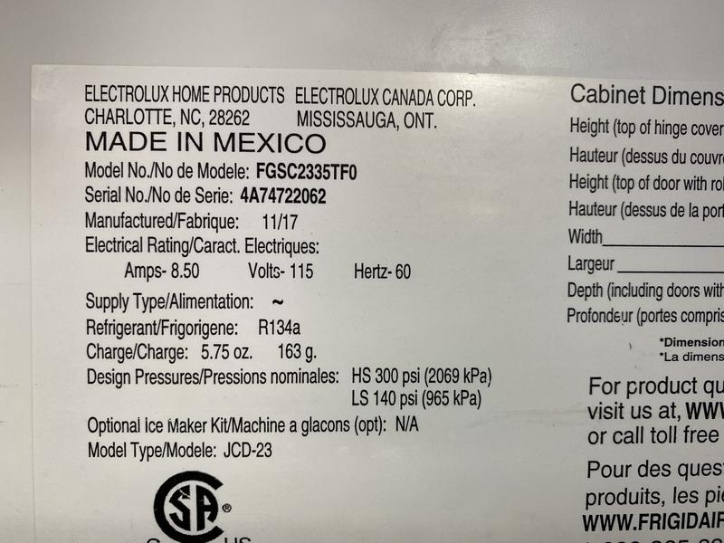 My fridge model info