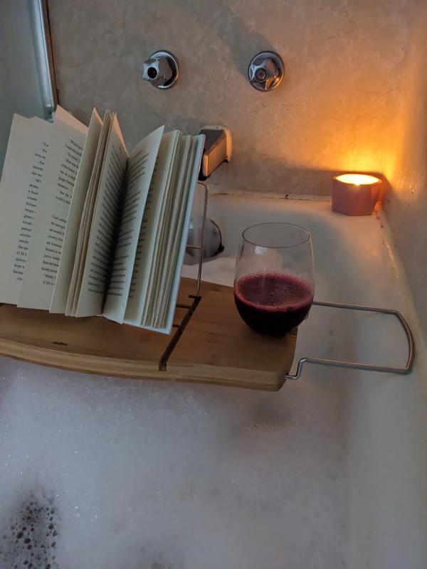  Bath Caddy Tray for Tub: Bamboo Bathtub Tray Caddy Expandable  with Wine Glass Holder and Book Stand. Luxury Bubble Bath Accessories & Spa  Decor. Self Care Gifts for Women, Birthday Gift