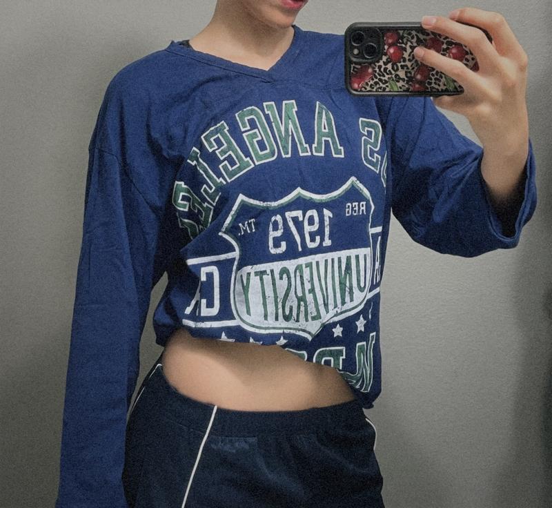 Varsity Vintage Graphic V-Neck Long Sleeve Tee