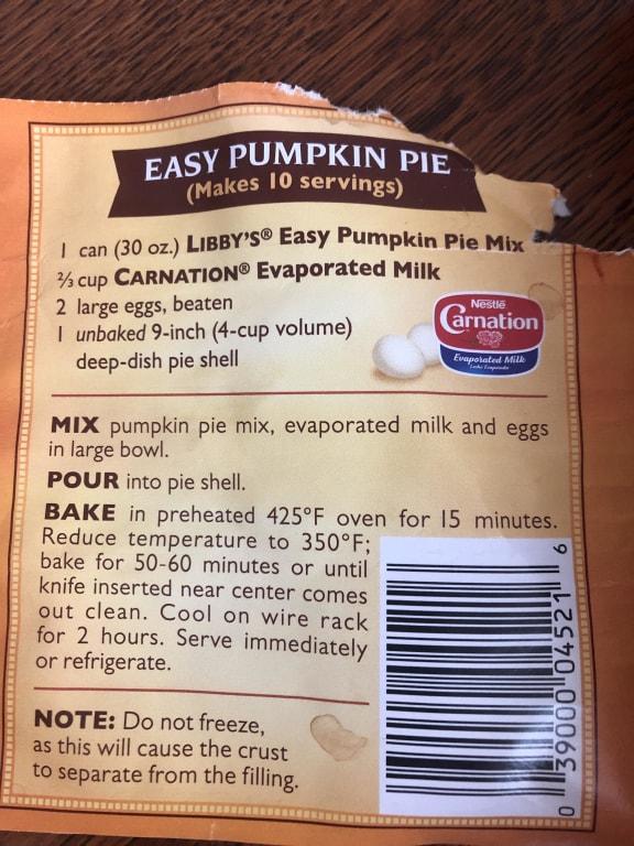Libbys Pumpkin Pie Mix Ingredients Libby s Famous Pumpkin Pie