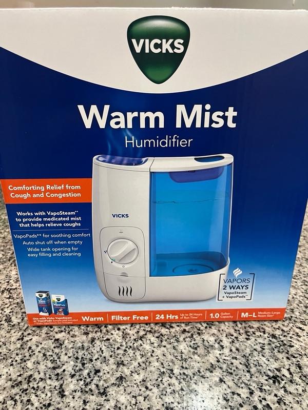 Vicks Warm Mist Humidifier, 250 sq ft, Blue, V750