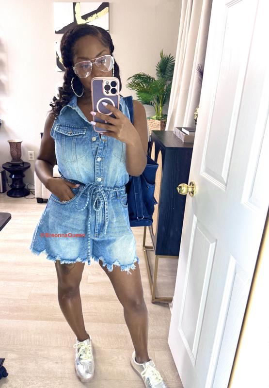 Casual Times Tie Waist Frayed Hem Denim Romper – VICI