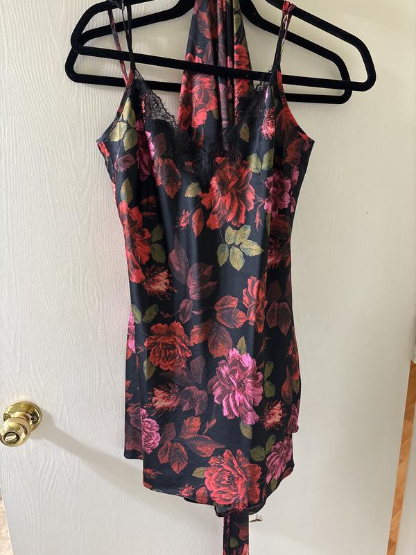 chinese dress ladies Tie Neck Lace Trim Satin Slip Mini Dress G / Black / L main image 0
