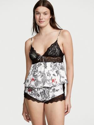 victoria secret noir navy stretch lace chiffon cami set