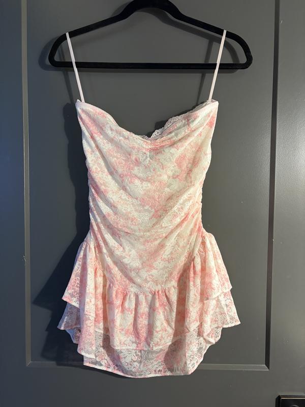 chinese dress ladies Pink x Loveshackfancy Lace Trim Satin Mini Dress Pink Tulip Shine Ribbon / XXL