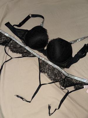 Victoria's Secret 32B,34DD BRA SET+garter+panty BLACK SHINE STRAP  convertible 