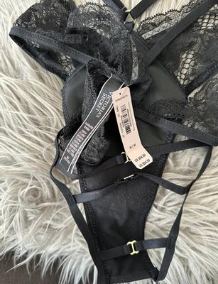 Victoria Secret Sexy Black Faux Leather Fishnet Strap Open Back Brazilian  NWT XL