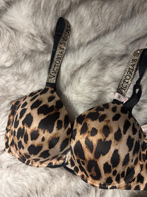 大人気☆Victoria's Secret レオパード柄 プッシュアップブラ Bombshell ロゴ シャイン ストラップ 2カップアップ プッシュアップ