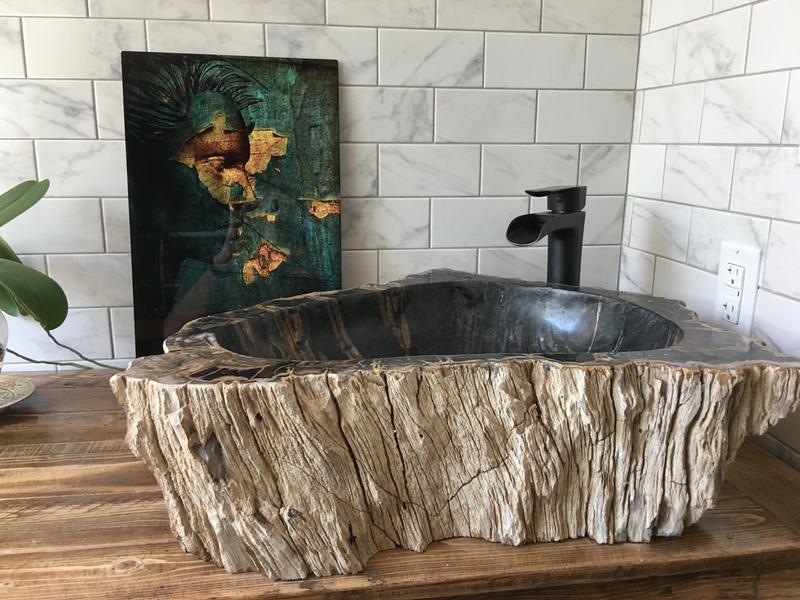 Vigo Magnolia Matte Stone Vessel, Petrified Wood Sink Vanity