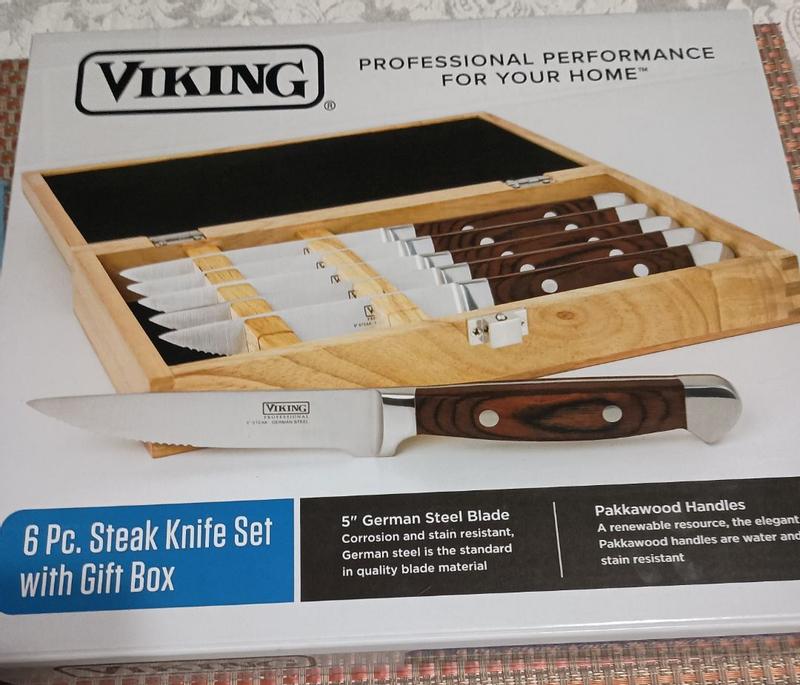 Viking Steakhouse Pakka Wood 6-Piece Steak Knife Set with Gift Box (Re