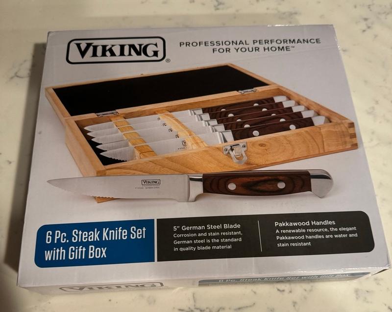 Viking Steakhouse Pakka Wood 6-Piece Steak Knife Set with Gift Box (Bl
