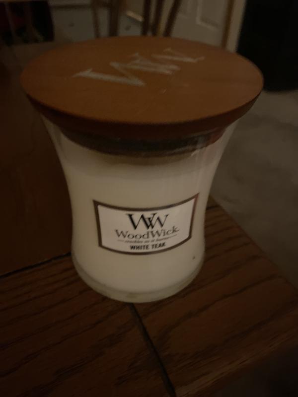 WoodWick candela grande profumata con stoppino scoppiettante, White Teak