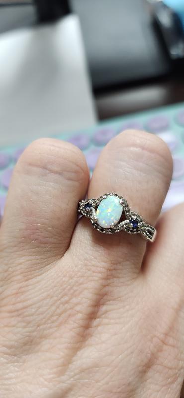 Oval Lab Created Opal Blue Sapphire and White Sapphire Open Frame Twist Shank Ring in Sterling Silver Zales