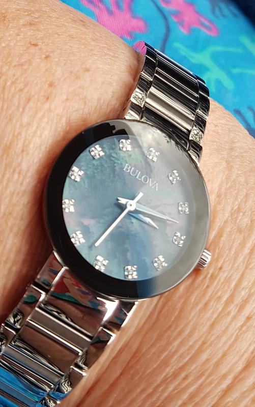 Ladies Bulova Diamond Accent Watch with Black Mother of Pearl Dial Model 96P172 Zales