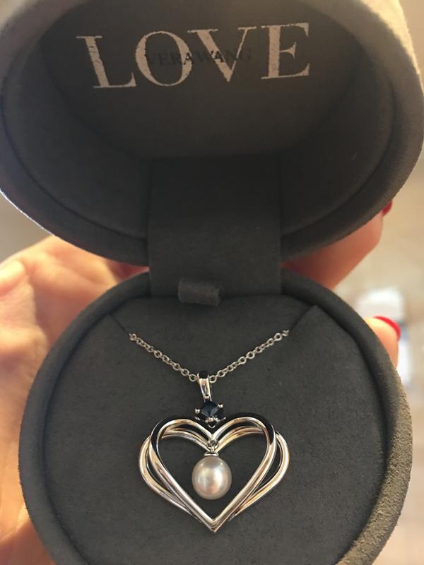 The Kindred Heart from Vera Wang Love Collection Freshwater Cultured Pearl and Sapphire Pendant in Sterling Silver 19 Zales