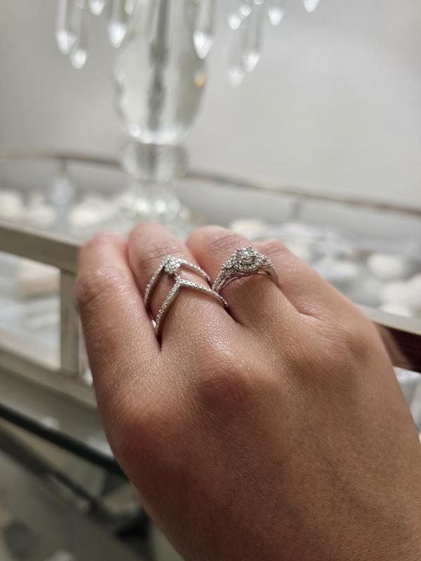 □ ○ △ . 3/8 CT. T.W. Multi-Diamond Double Chevron Open Shank Ring in 10K