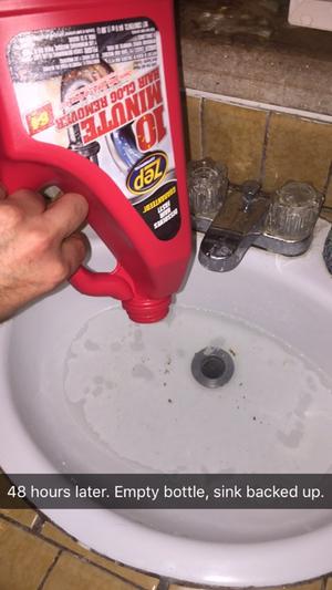48 hrs later. Empty bottle, sink backed up still.