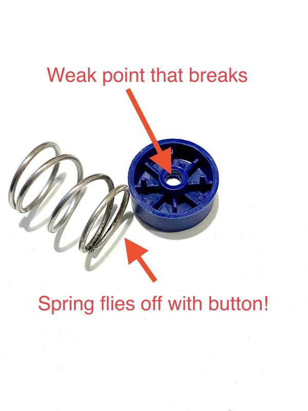 Button and spring flies off the dispenser forcefully.