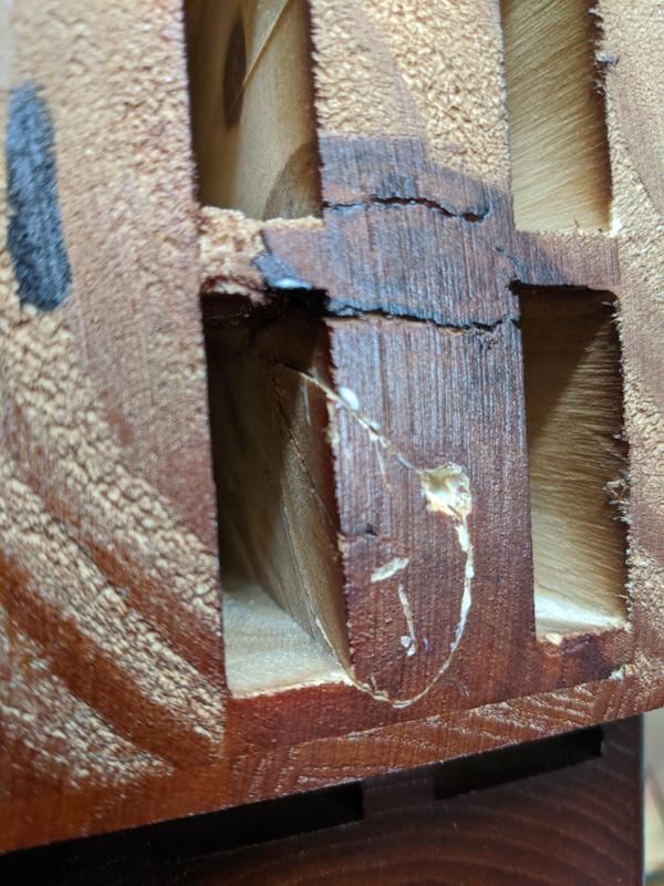 After taking off the faceplate, noticed the screws are at less than ideal locations comparitive to the block and the amount of wood. You can notice the other mistakes that made in the pictures from the manufacturer (such as using glue and wood fill).
